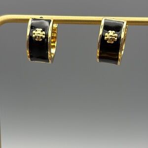 Tory Burch Kira Gold and Black Enamel Hinged Hoop Earrings